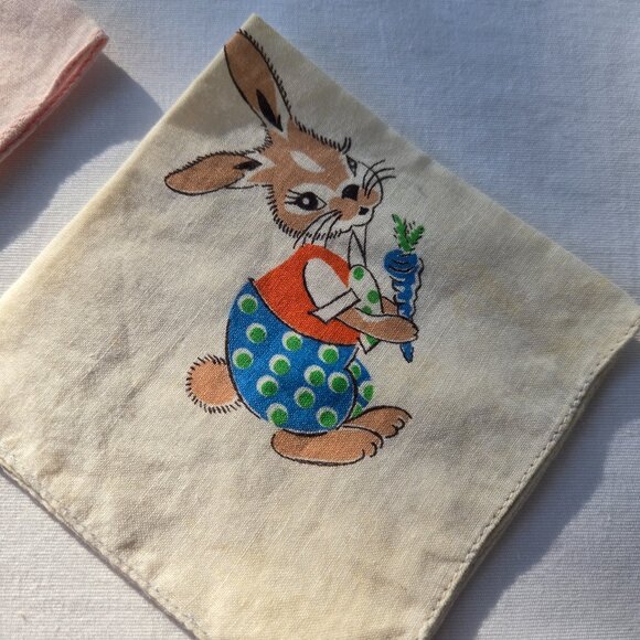 2 Vintage Child Handkerchiefs Rabbit and Owl - Picture 3 of 5